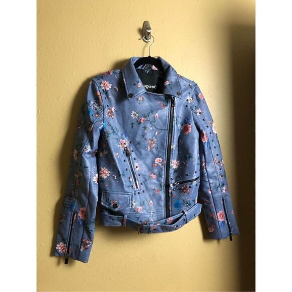 Desigual Women’s Nassau Faux Leather Floral Embroidered Biker Jacket SZ 36 - Picture 2 of 16
